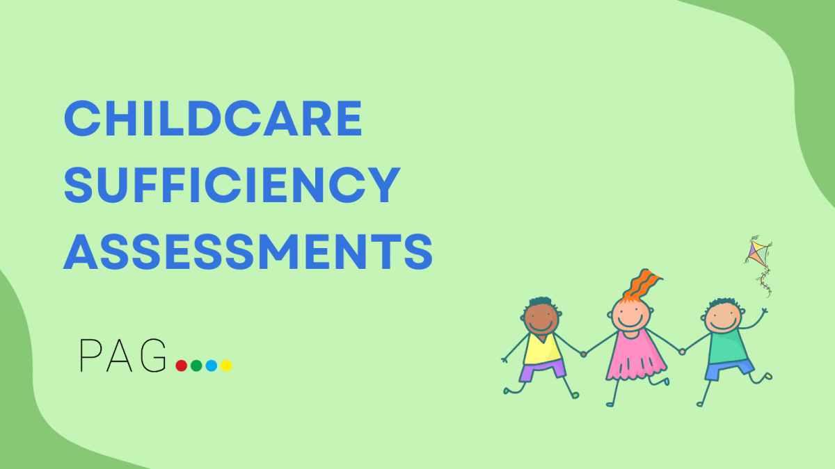 The graphic says "childcare sufficiency assessments" and has a drawing of children holding hands.